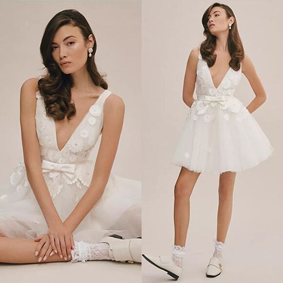 NWT Viktor & Rolf for BHLDN Petunia Floral Deep-V A-Line Mini Dress Ivory Size 6 - Picture 2 of 10